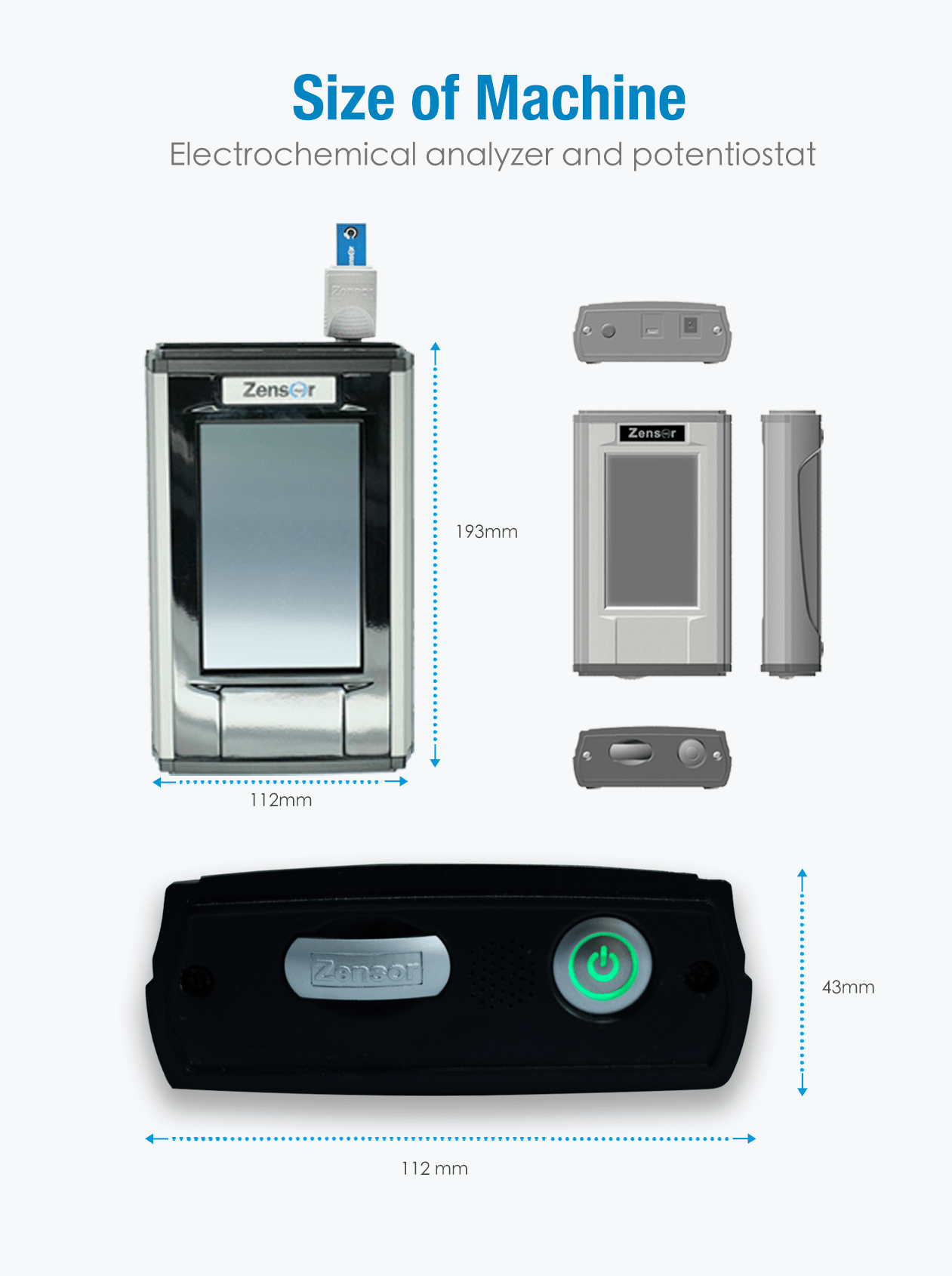 Size and physical dimension of electrochemical potentiostat/simulator/AC impendence/EIS-Zensor R&D-ACIP 100