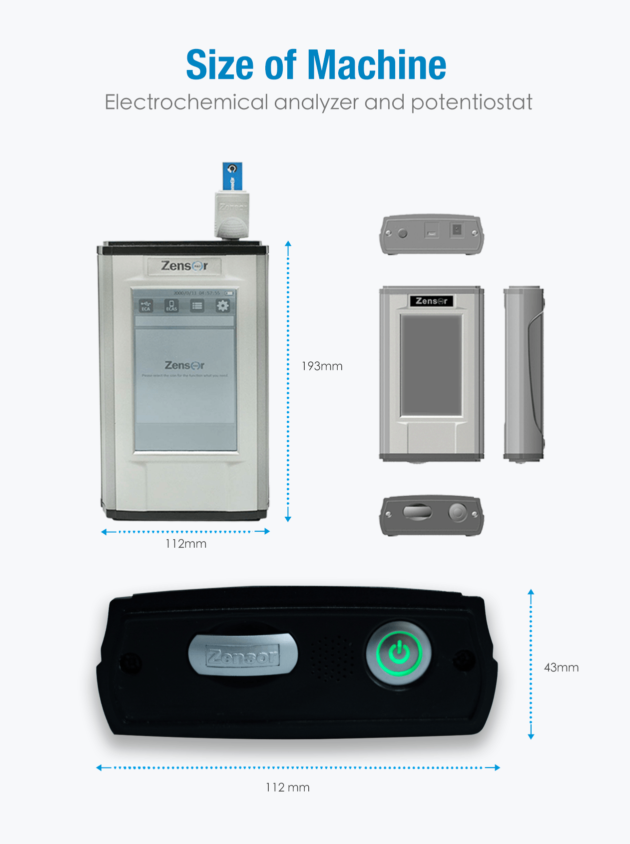 Size and physical dimension of electrochemical potentiostat/simulator-Zensor R&D-ECAS100